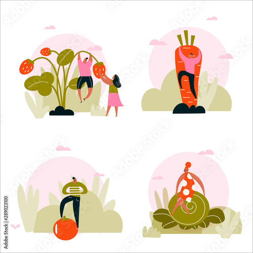 Flat cartoon illustration of harvesting people.Vector collection