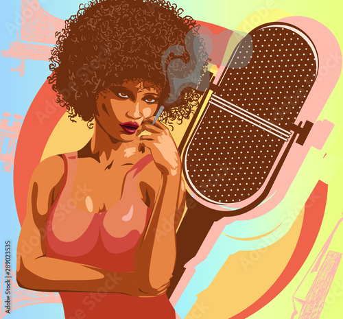Woman soul singer. Afro hairstyle. Vector image. Jazz and blues music. Vintage poster	