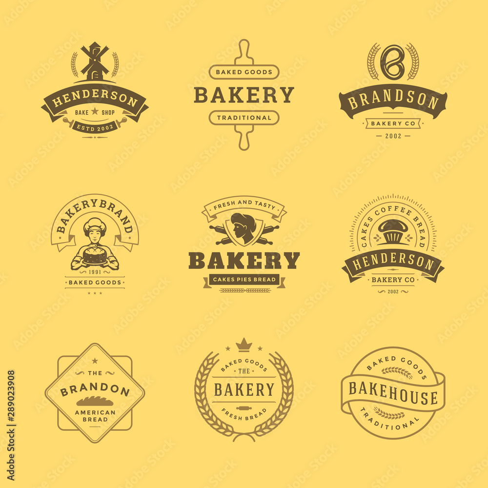 Bakery logos and badges design templates set vector illustration good for bakery shop and cafe emblems.
