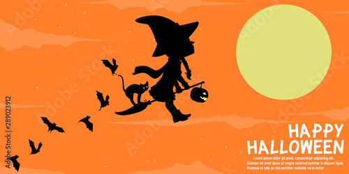 A little witch is flying on the sky