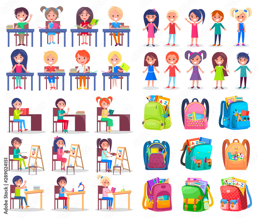 School bag, smiling girl and boy reading, writing or painting. Backpack sticker, pupils studying, education symbol, children learning with book vector. Back to school concept. Flat cartoon