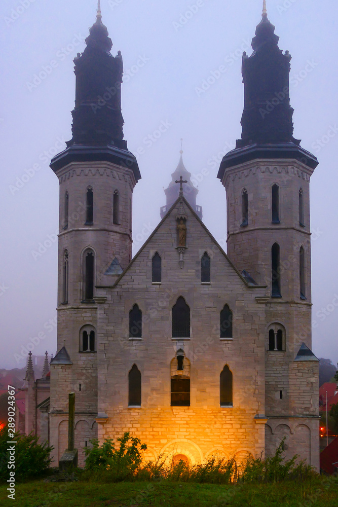 Visby, Gotland, Sweden Tjhe Visby Cathedral in the early morning fog