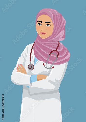 Smiling young Muslim female doctor. Cute Arabic woman wearing a lab coat and hijab stands with crossed arms. Vector illustration