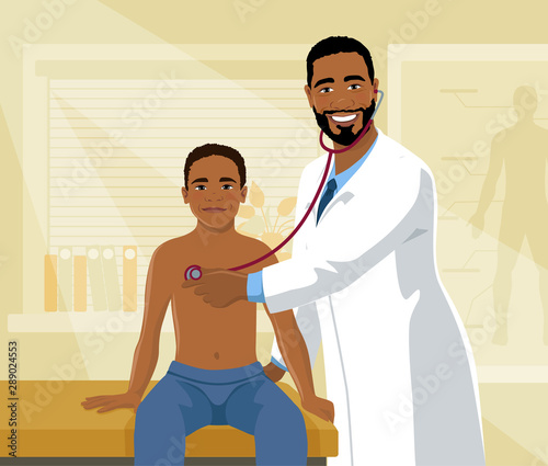 African male doctor and child patient. Smiling pediatrician man sees an African kid boy in medical office. Vector illustration.