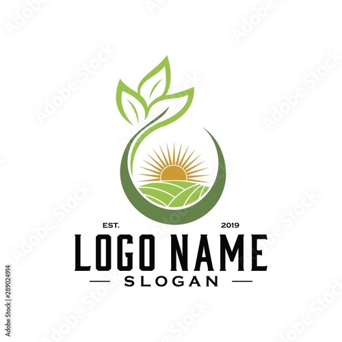 Agriculture vintage farm logo vector with leaf and field and light sun classic hipster