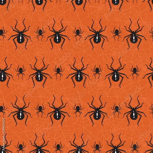 Halloween Vector Seamless Pattern With Black Widow Spiders and Spider Web on Orange Background
