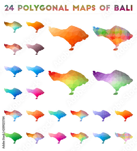 Set of vector polygonal maps of Bali. Bright gradient map of island in low poly style. Multicolored Bali map in geometric style for your infographics.