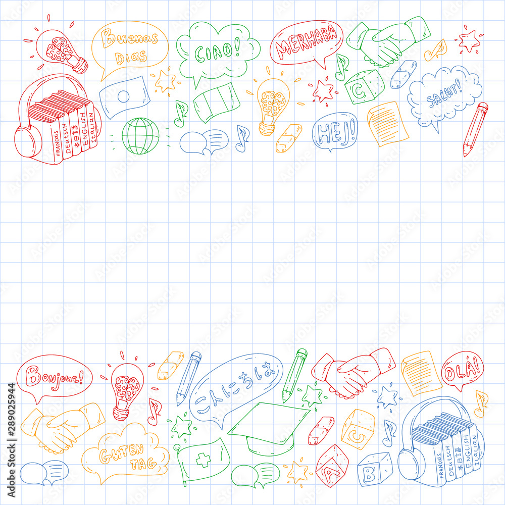 Vector pattern for language class, online courses. English, arabic, italian, japanese, spanish, chinese, german. Vector pattern for language class, online courses. English, arabic, italian, japanese, spanish, chinese, german.