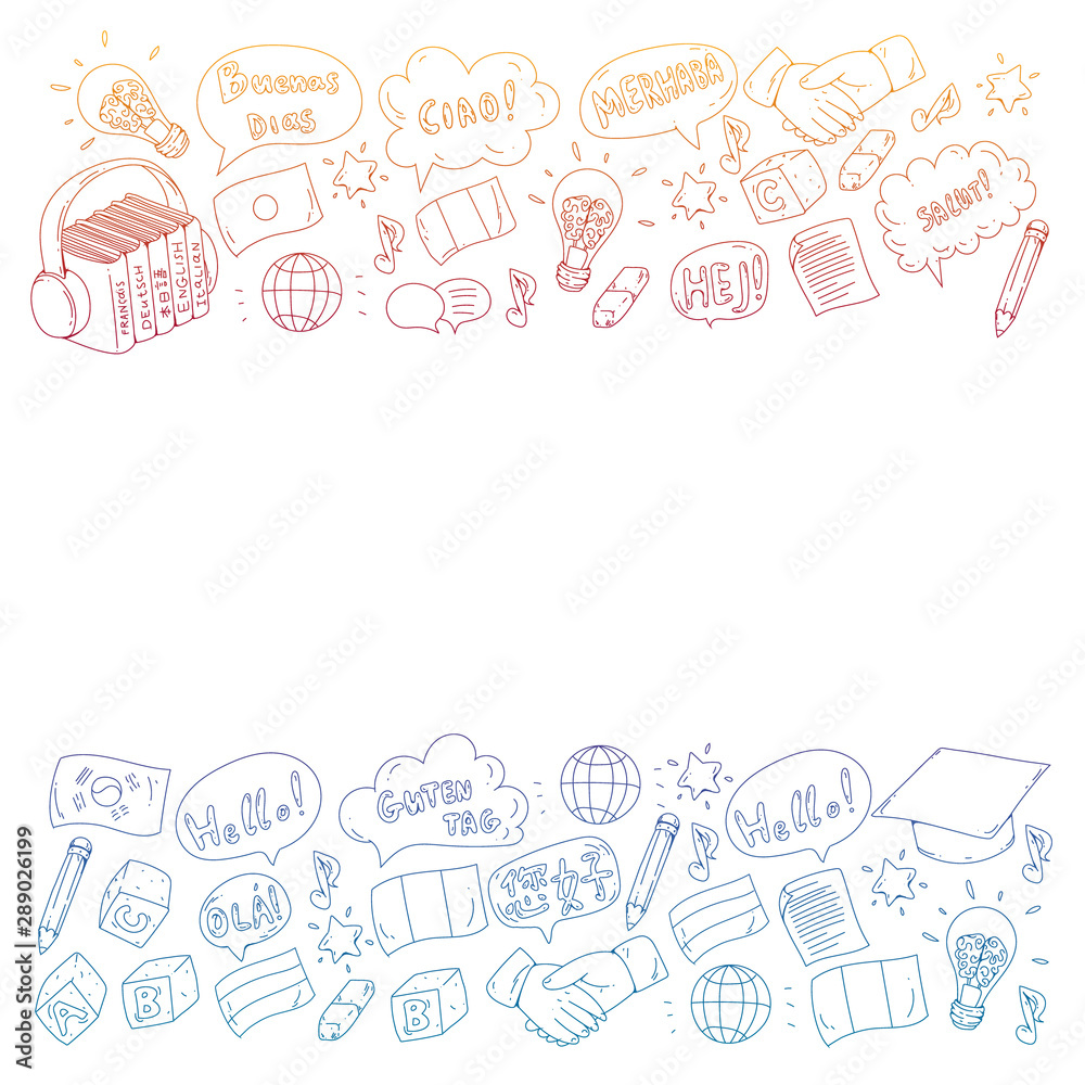 Vector pattern for language class, online courses. English, arabic, italian, japanese, spanish, chinese, german. Vector pattern for language class, online courses. English, arabic, italian, japanese, spanish, chinese, german.