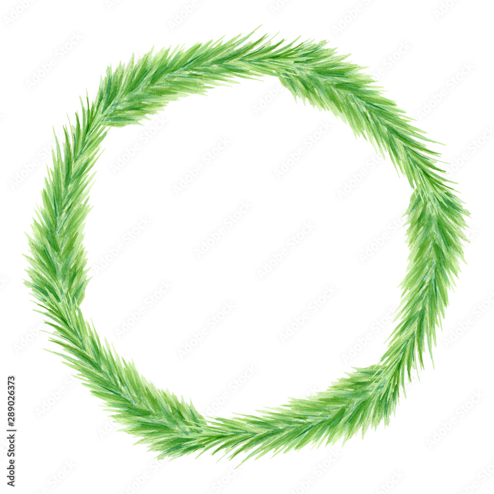 Watercolor green Christmas wreath with spruce branches. Hand drawn minimalistic door decoration isolated on white background. Round frame template for greeting cards, holiday design.