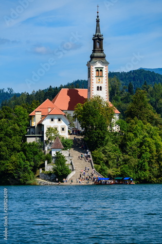 Close-up of the Pilgrimage Church of the Assumption of Maria on Lake Bled Island.