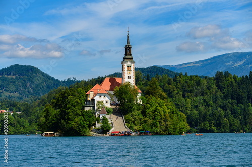 Close-up of the Pilgrimage Church of the Assumption of Maria on Lake Bled Island.
