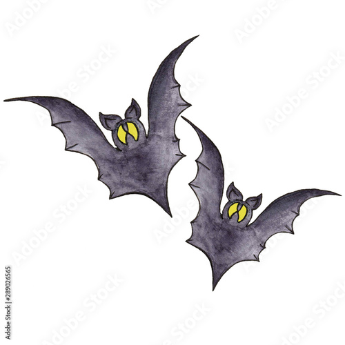 Two black bats isolated on white background. Illustration of cute cartoon Halloween bat. watercolor drawing