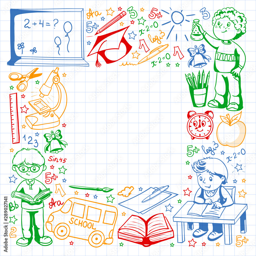 Vector pattern with little children. Back to school. Geography, geometry, mathematics, physics, chemistry, astronomy