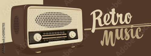 Vector banner for radio station with an old radio receiver and inscription Retro music. Radio broadcasting concept. Suitable for banner, ad, poster, flyer, logo