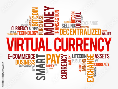 Virtual currency word cloud collage, business concept background