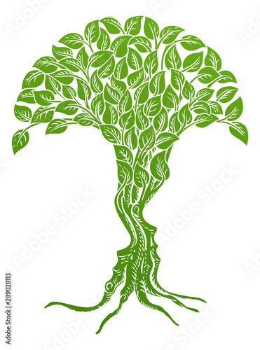 An optical illusion concept with a tree growing into the shape of two human face silhouettes, male and female