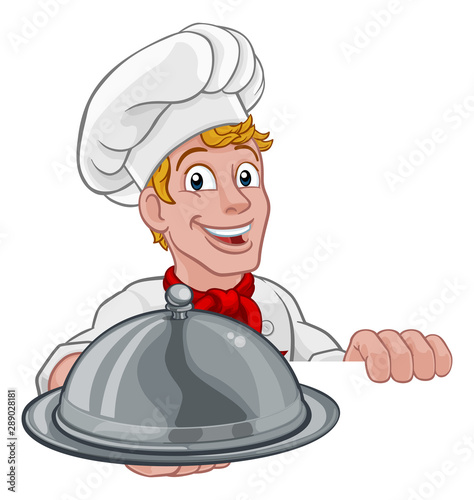 A chef holding a silver plate or platter domed cloche of food peeking over a sign cartoon.