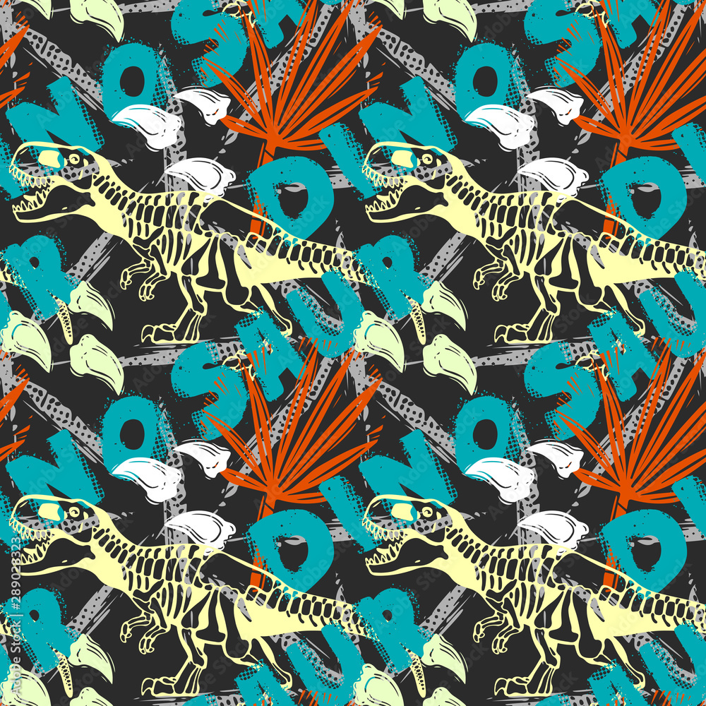 Fototapeta Abstract seamless vector pattern for girls, boys, clothes. Creative background with Jurassic period, dinosaur creative Funny wallpaper for textile and fabric. Fashion style. Colorful bright