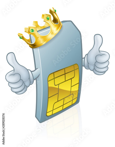 A mobile phone sim card cartoon character mascot wearing a gold king crown