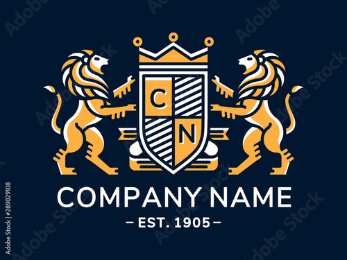 Lion heraldry emblem modern line style with a shield and crown - vector illustration, logo design on dark background
