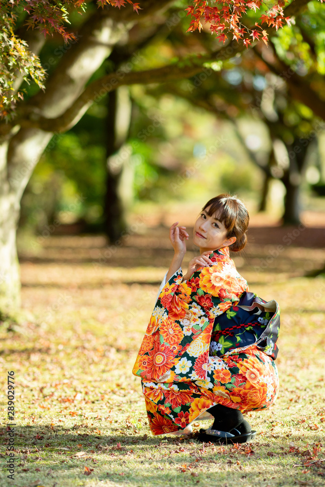 紅葉と着物の女性 紅葉と着物の女性