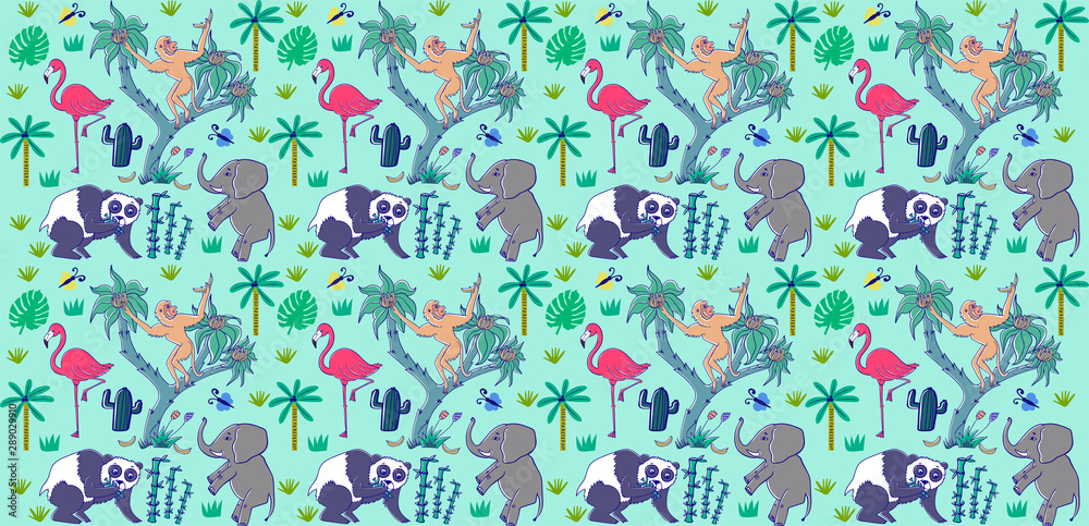 seamless color pattern with jungle animals and plants