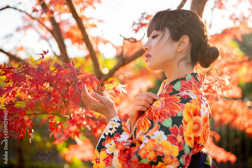 Foto 紅葉と着物の女性