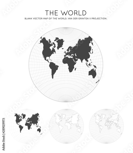 Map of the World. Van der Grinten II projection. Globe with latitude and longitude lines. World map on meridians and parallels background. Vector illustration.
