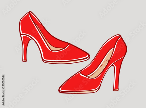 red classic shoes on heels isolated, hand, drawn, technical drawing