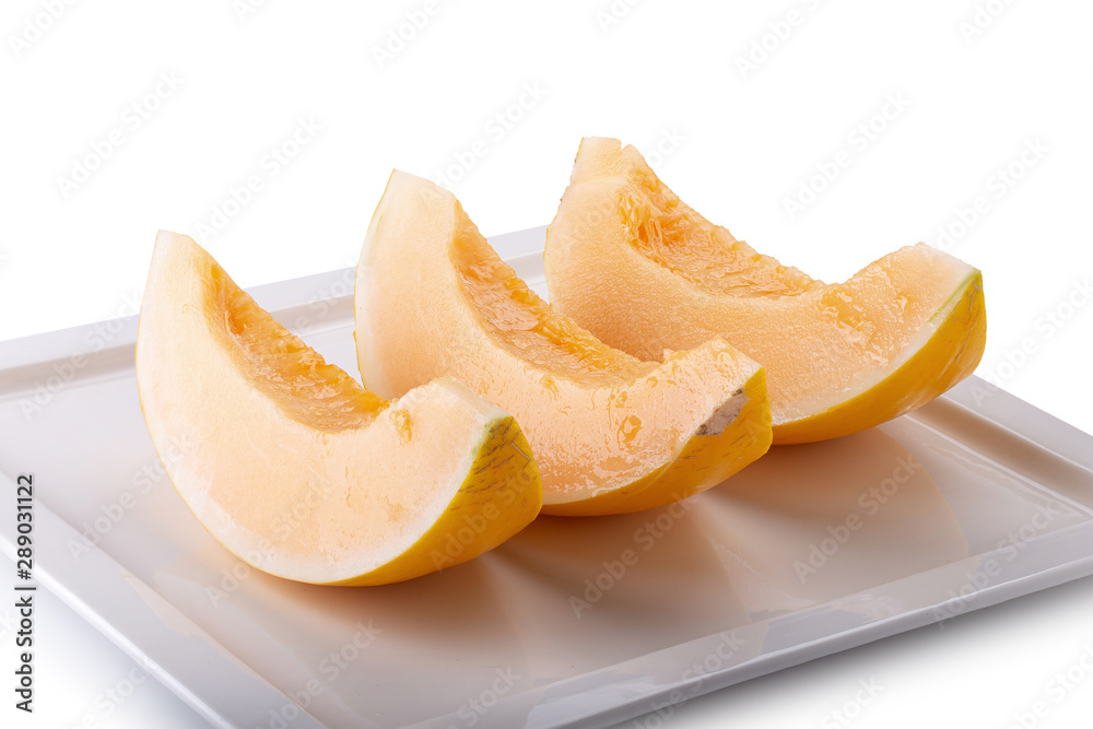 Slices sweet yellow melon isolated on white background