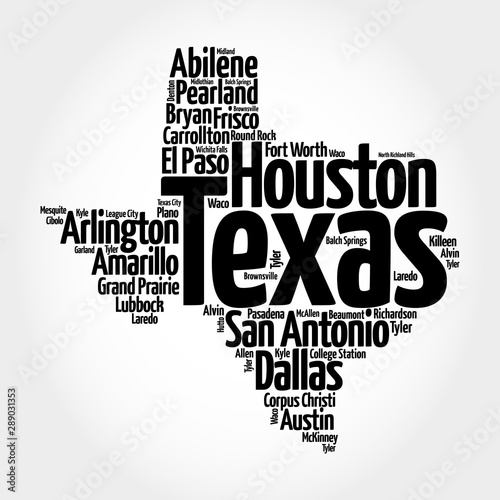 List of cities in Texas USA state, map silhouette word cloud map concept