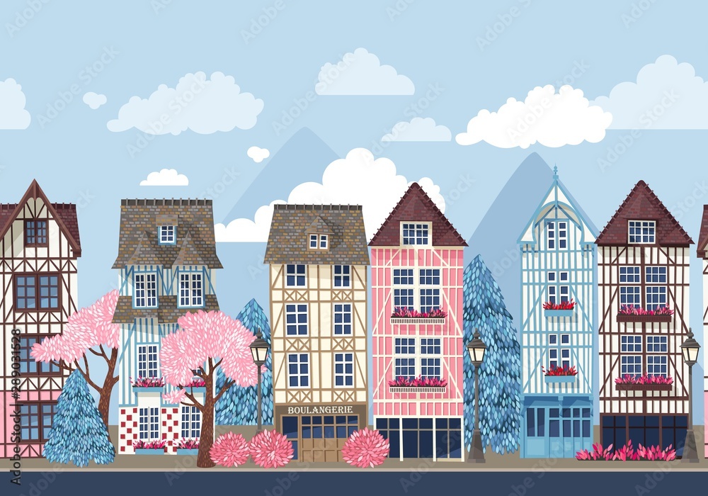 Old town with trees vector seamless border