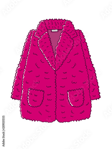 pink women's fur coat isolated on white, hand-drawn