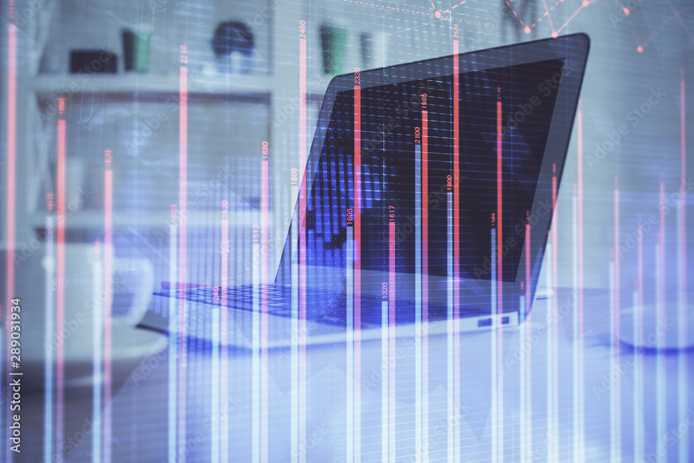 Stock market graph on background with desk and personal computer. Double exposure. Concept of financial analysis. Stock market graph on background with desk and personal computer. Double exposure. Concept of financial analysis.