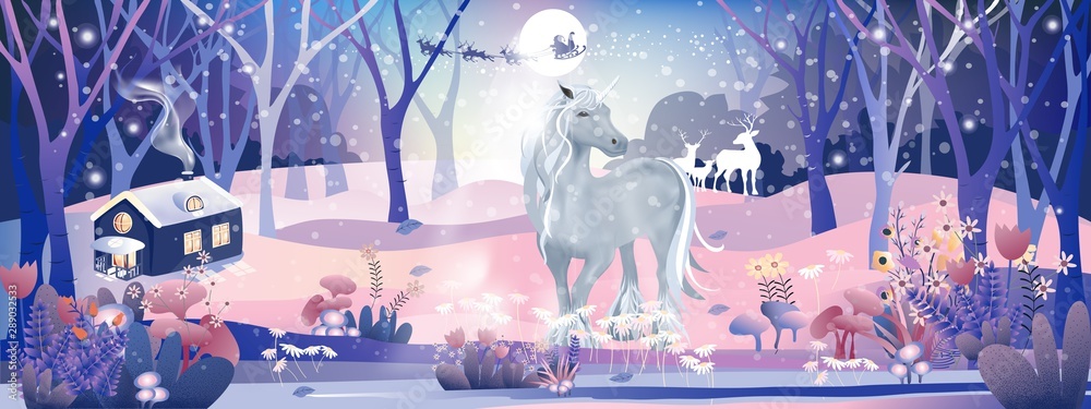 Fantasy landscape of magic forest with fairy tale Unicorn and Reindeers looking at Santa Claus sleigh Reindeers flying over full moon in Christmas night,Vector illustration cartoon Winter wonderland