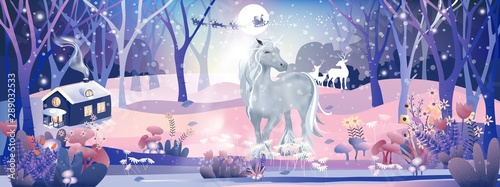 Fantasy landscape of magic forest with fairy tale  Unicorn and Reindeers looking at Santa Claus sleigh Reindeers flying over full moon in Christmas night,Vector illustration cartoon Winter wonderland