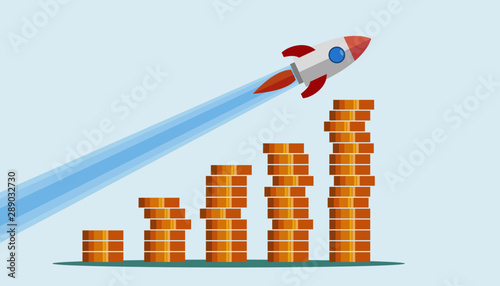 Rocket flying up on growth chart. Graph that shows increase in sales. Business success. Vector illustration in flat style