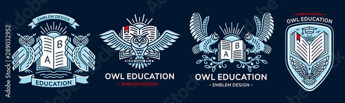 Owl vector emblem, illustration, logo set for education, schools, universities in linear style on a dark background