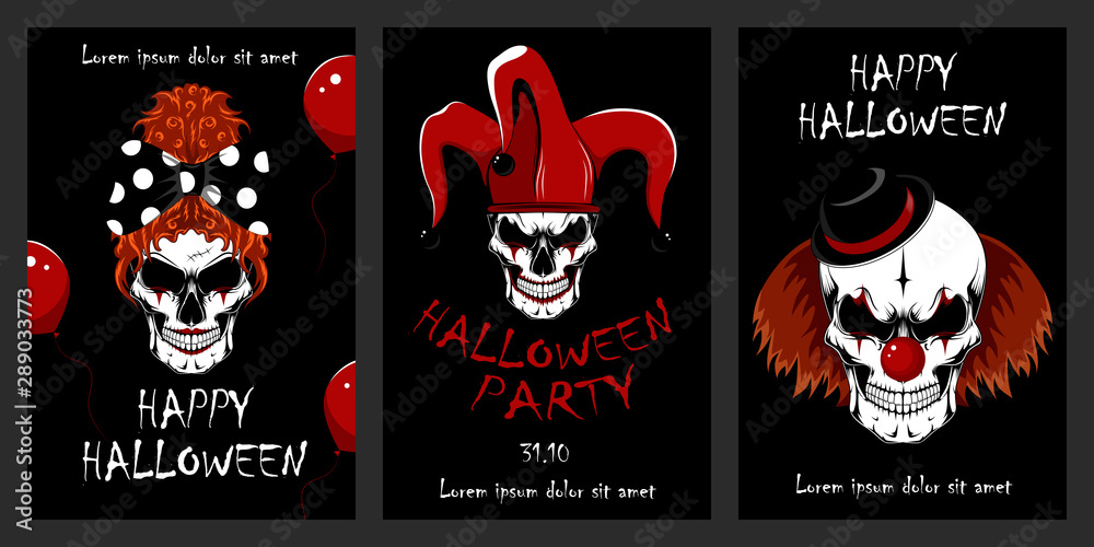Set of vector illustrations with skulls of evil clowns. Halloween illustrations. Evil clowns. Set of design elements for cards, flyers, banners, posters.