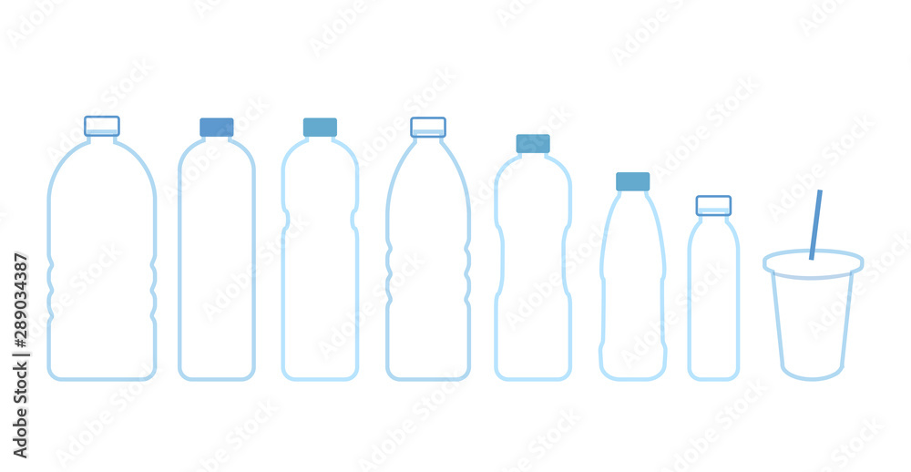 Set bottles water. Vector icon outline. Blue plastic bottles and disposable plastic Cup with a tube.