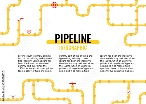 horizontal Industrial background with Yellow pipes for water, gas, oil, sewage. Infographics for flyers or brochure. Vector illustration in a flat style.