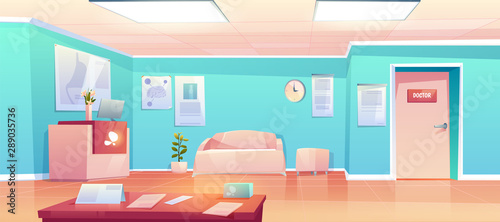 Hospital hallway, empty clinic corridor, hall interior with reception desk and Pc, couch for patients, door to doctor cabinet, table with papers, medical placards on wall. Cartoon vector illustration