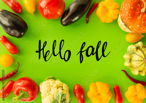 Hello fall. Photo with handwritten lettering. Banner with fresh vegetables on the green background. The harvest. Autumn theme. Healthy food.