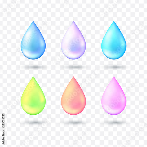 Set of multicolored realistic style water drop in vector. 3d realistic vector illustration. Glitter water drop of blue  turquoise  pink  green with effects isolated on transparent background.