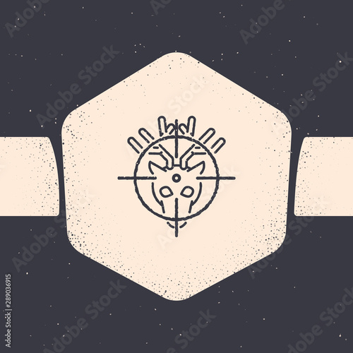 Grunge Hunt on deer with crosshairs icon isolated on grey background. Hunting club logo with deer and target. Rifle lens aiming a deer. Monochrome vintage drawing. Vector Illustration