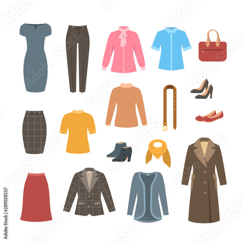Business woman basic clothes and shoes set. Vector flat illustration. Office formal dress code outfit. Cartoon illustration. Icons of dress, skirt, jacket, coat, trousers, shirt, bag, boots.