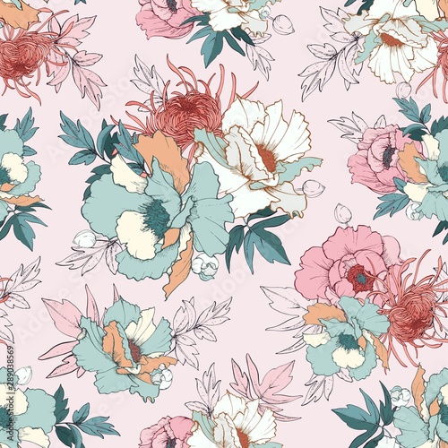 Seamless vector pattern with peonies and chrysanthemum