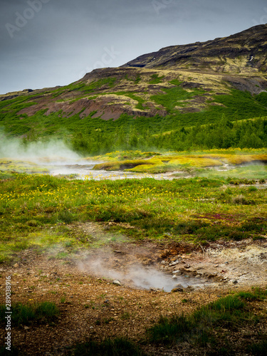 Geysers and steam in Icelandic landscape