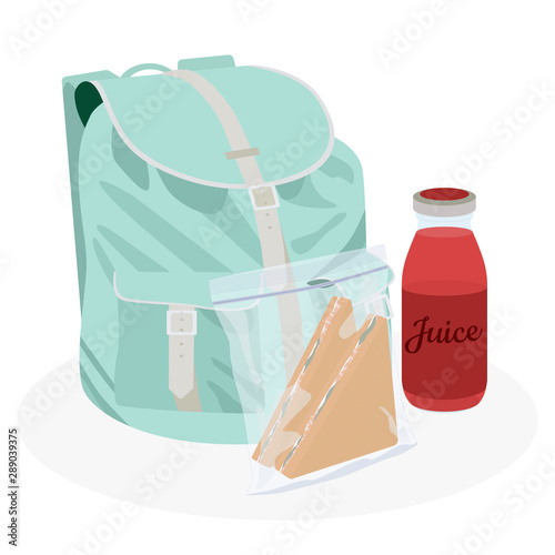 School backpack lunchbox set. Tomato juice and sandwiches in zip-pack. Healthy food lunchtime. Flat vector illustration